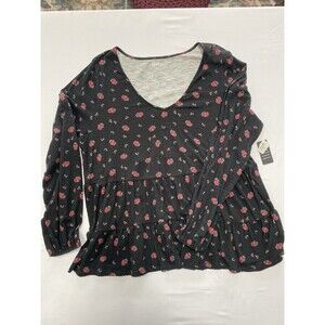 Torrid Top Womens 2 Floral V-Neck Babydoll Long Sleeve Slub Knit NWT Plus